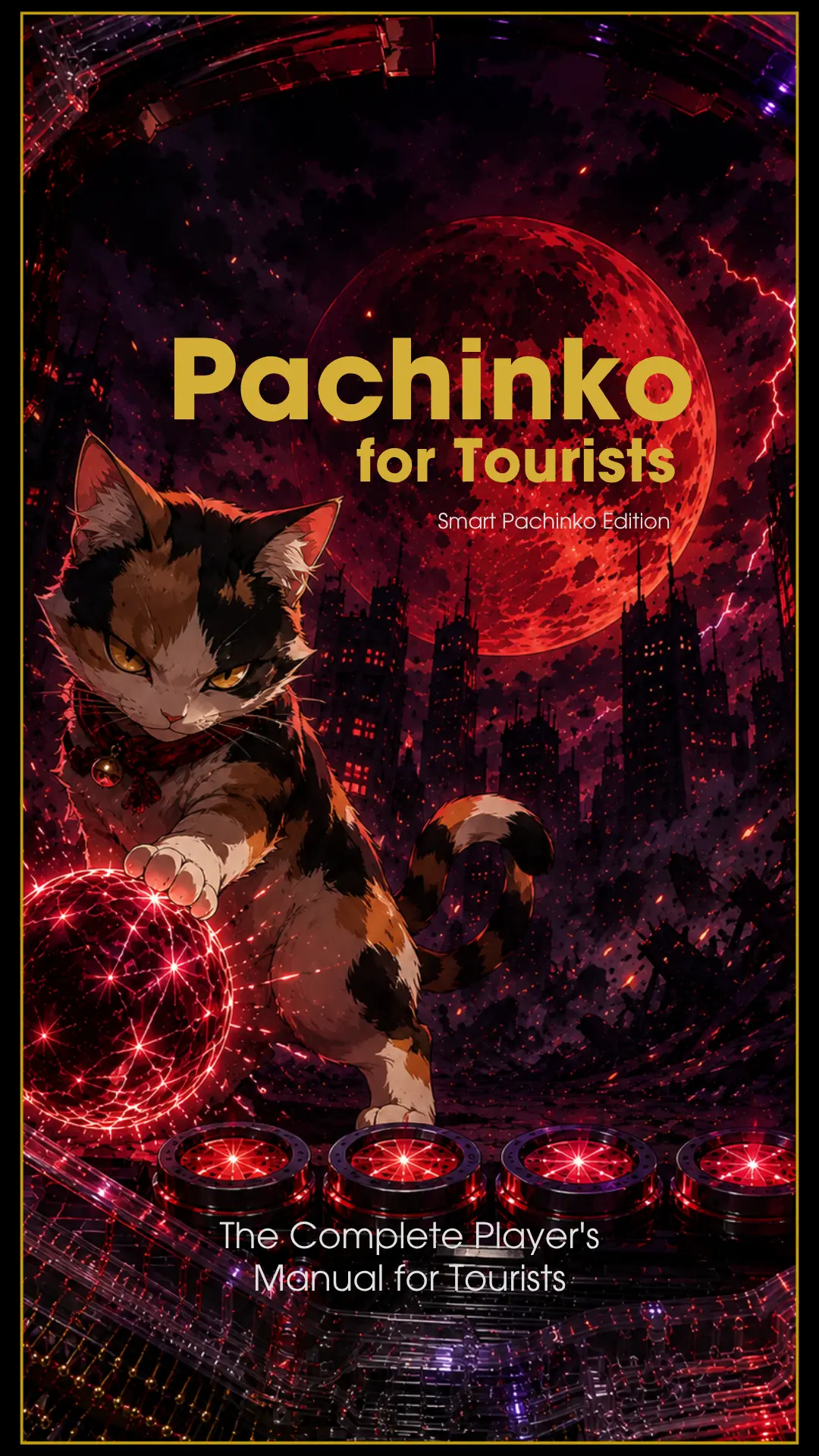 Pachinko for Tourists Smart Pachinko Edition guidebook cover featuring a cat beneath a red moon